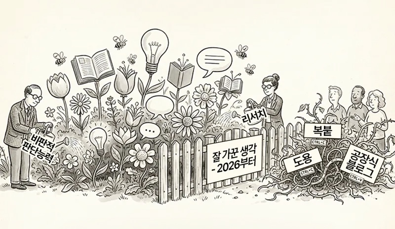 꽃과 아이디어가 자라는 정원과, 복붙과 자동 생성 콘텐츠가 얽힌 덤불을 대비해 그린 일러스트. 비판적 사고와 리서치를 통해 진짜 생각을 키워야 한다는 메시지를 담고 있다.